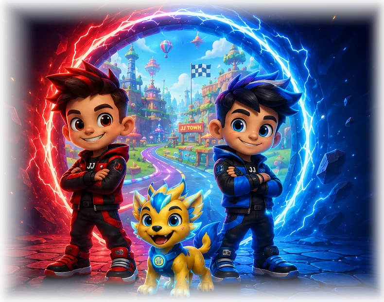 Jamie, Sparky en Jonna voor het rood-blauwe portaal naar JJ World
